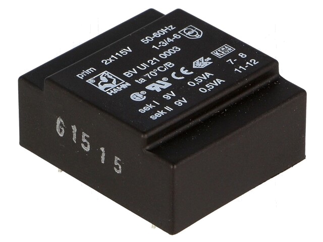 Transformator: ingegoten; 1VA; 115VACx2; 9V; 9V; 56mA; 56mA; PCB Transformator: ingegoten; 1VA; 115VACx2; 9V; 9V; 56mA; 56mA; PCB